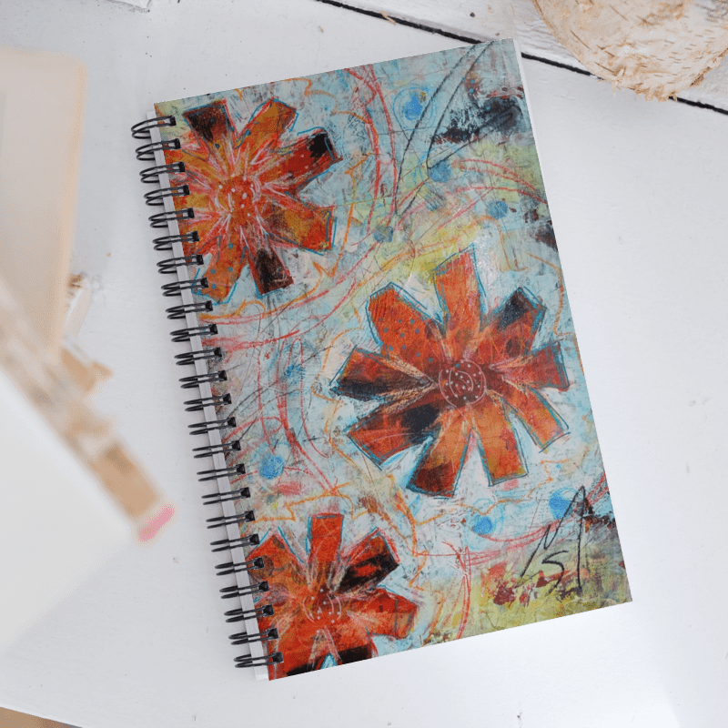 mixed media flower painting on cover of spiral bound journal