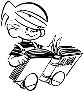 A black outline illustration of a young boy wearing overalls looking at a photo album