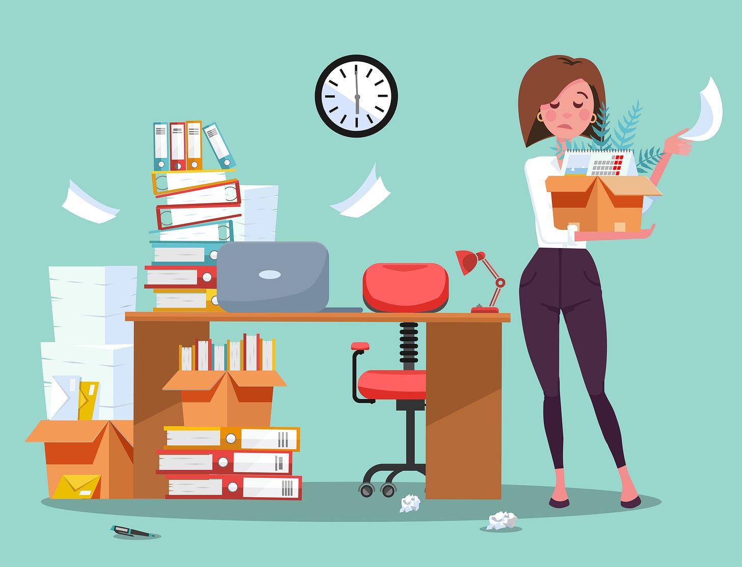 Illustration of a young businesswoman packing her things into a cardboard box.