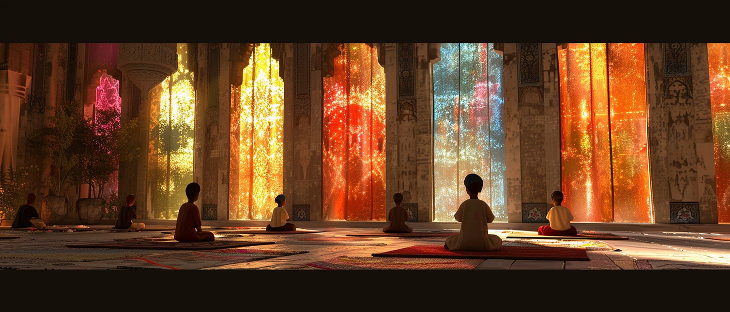 A group of children sits cross-legged on mats in a grand hall illuminated by vibrant, colorful lights streaming through large stained-glass windows, creating a serene and magical atmosphere.