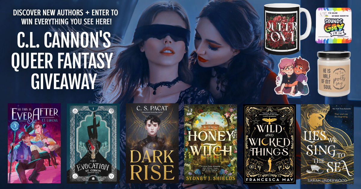 Discover New Authors + Enter To Win Everything you See Here! C.L. Cannon's Queer Fantasy Giveaway - in the image - six books, candle, stickers, and other items.