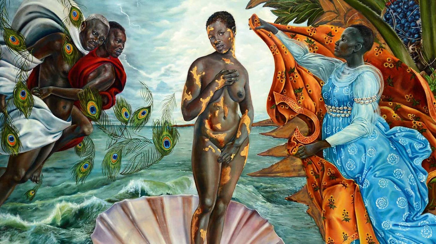Harmonia Rosales, Birth of Oshun, detail, 2017, oil on canvas. Reminiscent of the famous Botticelli painting of a woman in a clamshell, The Birth of Venus