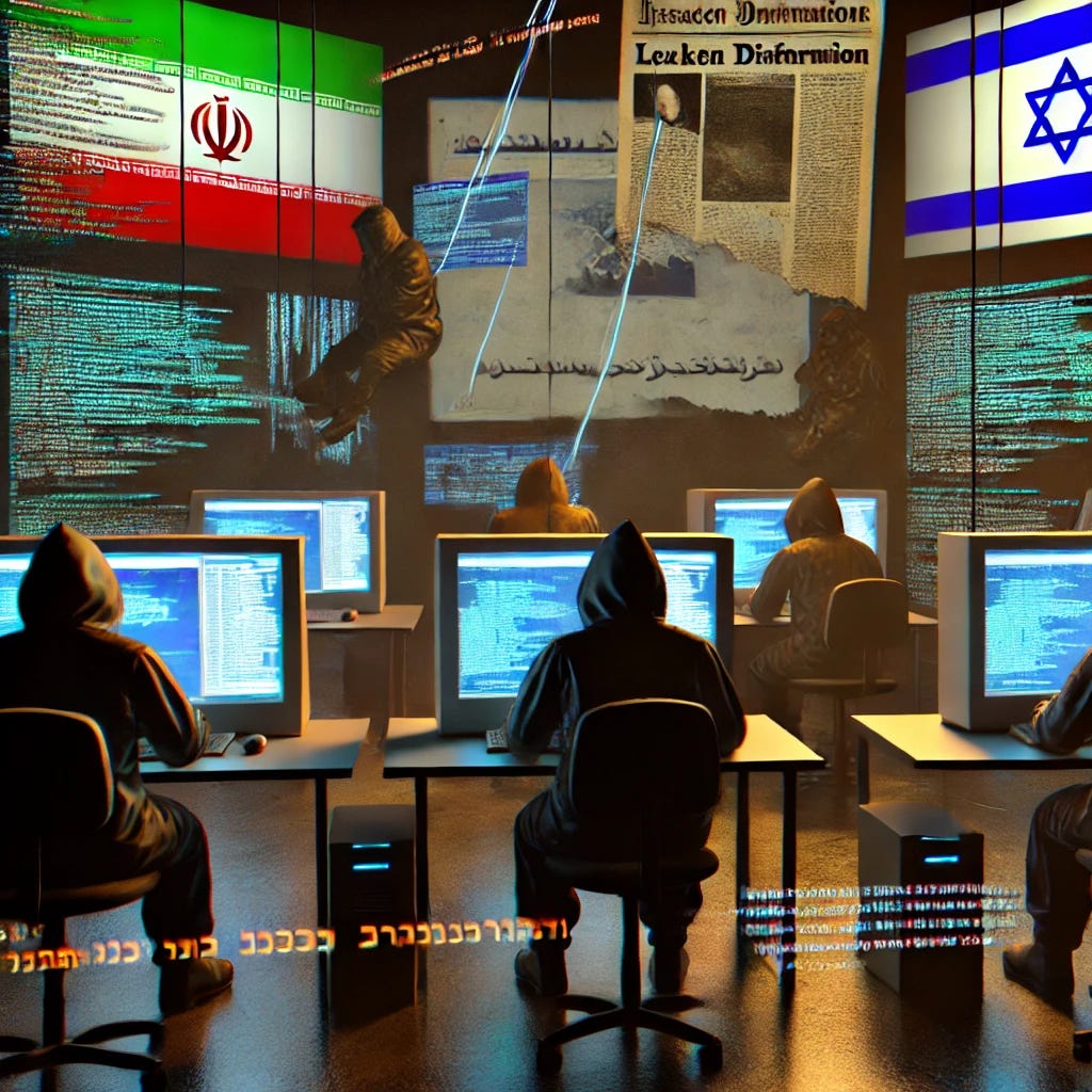 A visually intense 3D depiction of a cyber warfare scenario. Several hackers, wearing dark hooded clothing, are seated at computers in a dimly lit room with glowing screens. On the screens are large databases, some appearing corrupted with glitch effects, while others show Israeli symbols and maps. There are lines of code flowing across the screens. In the background, elements of disinformation are represented by old newspapers and leaked data floating in the air. A digital Iranian flag hovers above, signaling the origin of the attacks, while fragmented data and distorted Israeli logos emerge in the foreground. The room is filled with a sense of tension and threat.