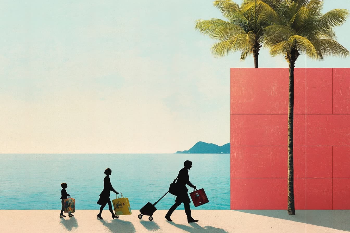 illustration of a silhouette of a family arriving at a beach hotel, dragging luggage