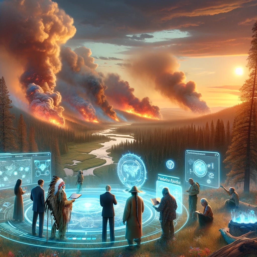Imagine a fusion of advanced artificial intelligence and Native American ancestral knowledge creating a new pathway to combat and disrupt megafires. This scene depicts a serene forest landscape under threat from distant fires, with digital and holographic interfaces showing predictive models and ancient symbols, seamlessly integrated into the natural environment. In the foreground, a group of Native American elders and AI scientists work together, consulting both a futuristic AI device and traditional artifacts. The sky is tinged with the orange glow of a setting sun, symbolizing hope and a new dawn for forest management and fire prevention.
