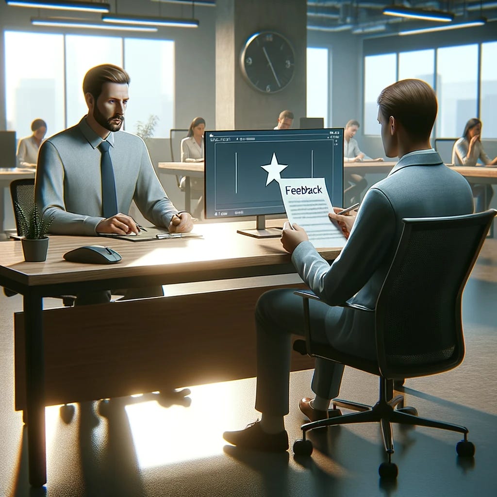 A scene showing distant and removed feedback in a workplace setting. A manager is sitting behind a large desk, looking at a computer screen, and typing an email. On the other side of the desk, an employee is sitting with a neutral expression, holding a piece of paper with feedback written on it. The setting is a modern office with minimal interaction between the two. The background includes other employees working quietly at their desks. The overall atmosphere is calm and detached, emphasizing the lack of direct communication.