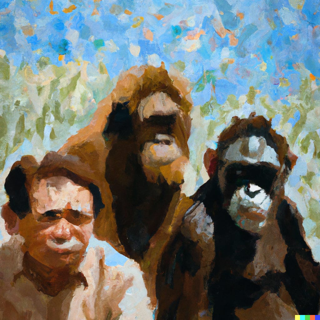 In the style of a Van Gogh painting: a human, an orangutan and a chimpanzee next to each other.