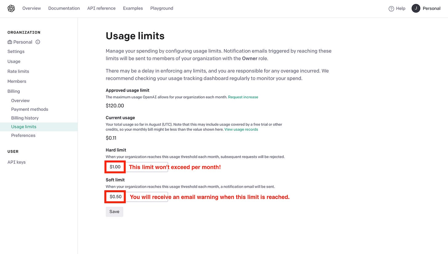 OpenAI API website — Usage limits (Image by authors)