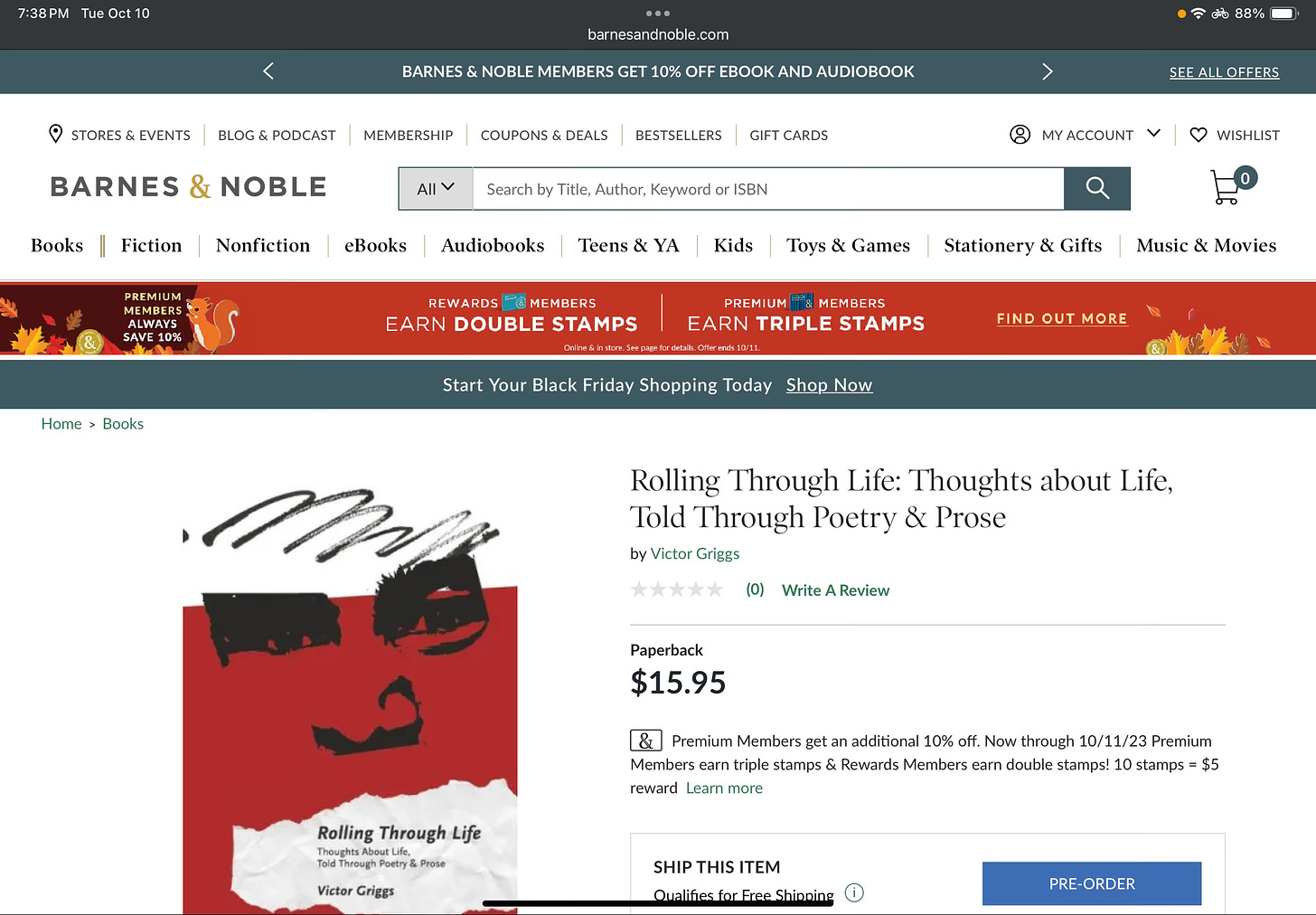 Screenshot of the book, Rolling Through Life, on the Barnes & Noble website.