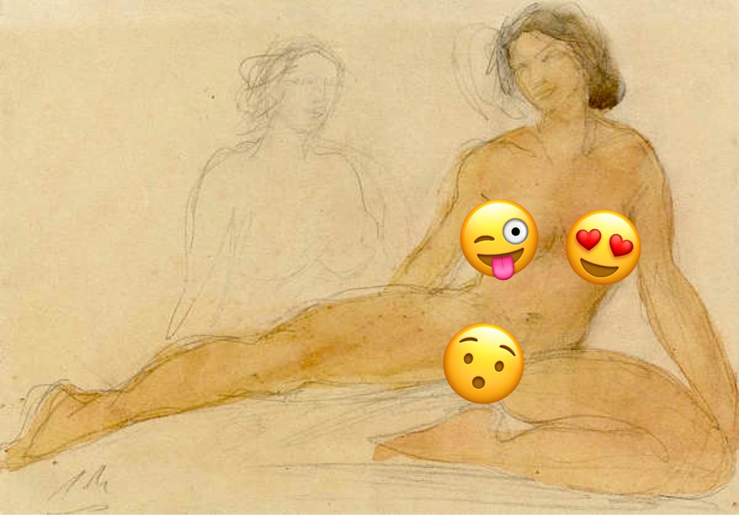 Auguste Rodin's "Two Seated Nudes" censored with smiley face emojis to illustrate the absurdity of social media's double standards around nudity and sex
