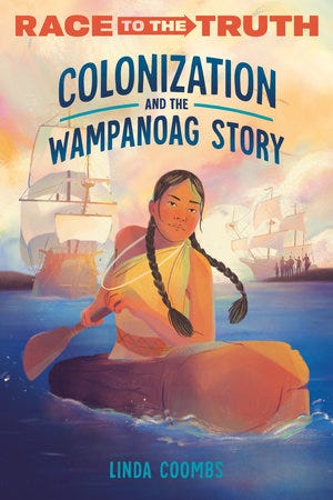 The cover of a book with a Native American woman rowing a canoe as European ships arrive in the background