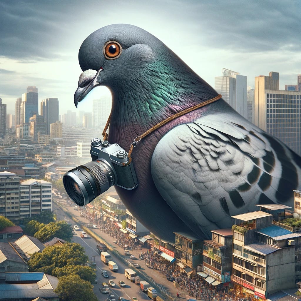 Create an image of a spy pigeon equipped with a miniature camera, blending into a cityscape while covertly capturing photographs. The pigeon should appear natural and unsuspecting to the untrained eye, but upon closer inspection, the camera and possibly other spy gadgets are subtly integrated into its body. The cityscape in the background should suggest a bustling urban environment, with buildings, streets, and people going about their daily lives, oblivious to the pigeon's espionage activities.