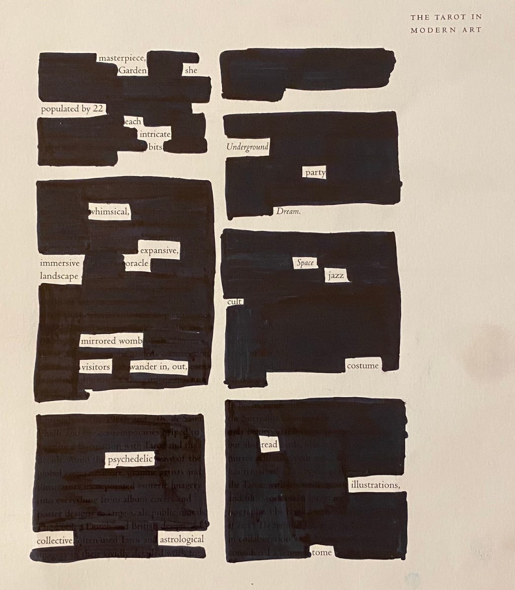 A page from a Tarot encyclopedia with most of the words blacked-out with permanent black marker, leaving only a few words remaining to create a poem.