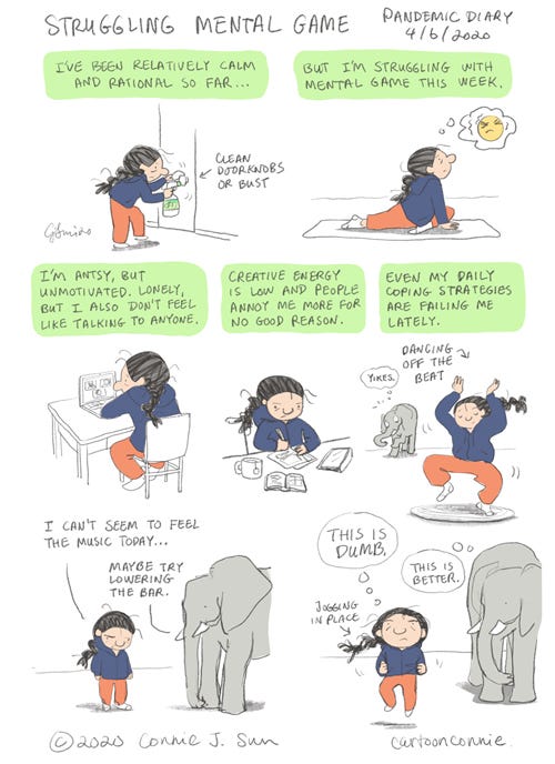 Pandemic Diary: Struggling Mental Game comics, illustration, visual diary, sketchbook, journal, cartoon, journal comics, connie sun, cartoonconnie, dearconnie, comic strip