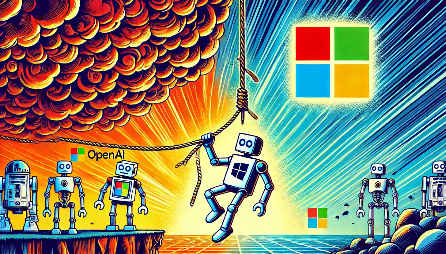 A vibrant, pop-art style illustration in 16:9 format depicting the relationship between OpenAI and Microsoft hanging by a thread. In the center, a thread or thin connection with symbols representing OpenAI (robot or AI symbol) and Microsoft (square logo style). The background shows a stormy or chaotic environment, representing tension. The overall feeling should evoke a sense of uncertainty and potential crisis.