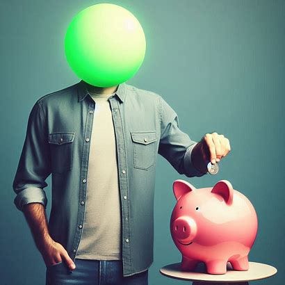 Photo of a casually dressed man putting a quarter into a pink piggy bank. The man doesn't have a head but instead has a basic bright neon green sphere in its place. 