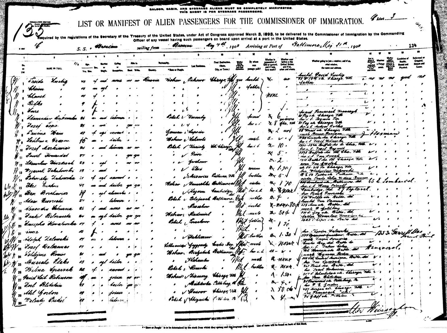 Page from a ship's manifest in the steerage class.