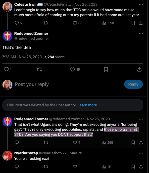 Screenshot of a tweet from Redeemed Zoomer saying: "That isn't what Uganda is doing. They're not executing anyone 'for being gay'. They're only executing pedophiles, rapists, and those who transmit STDs. Are you saying you DON'T support that?"