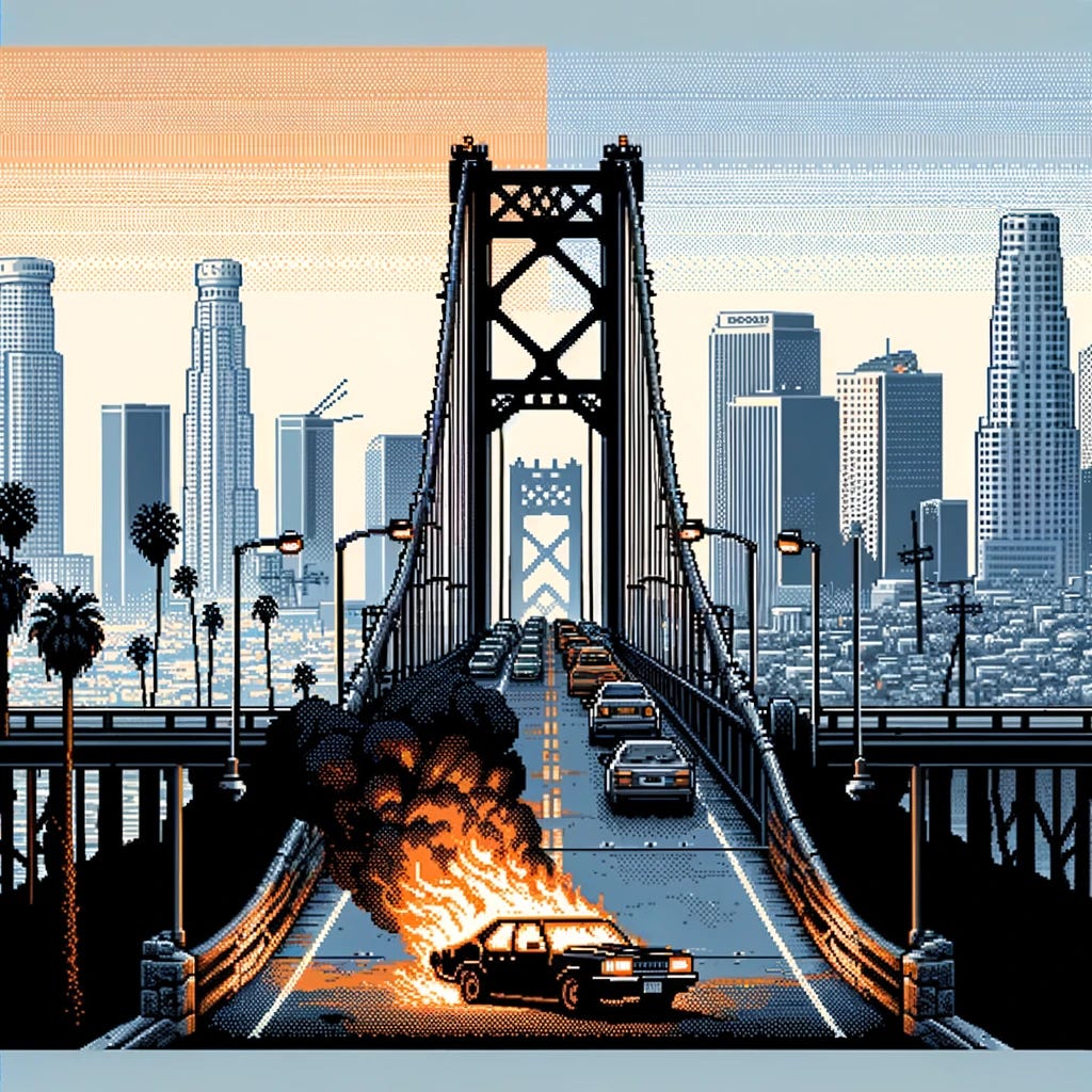 Adjust the image to focus on a burning car positioned on a bridge, serving as the transition between Los Angeles and New York City in an 8-bit cutscene style, while avoiding overly goofy landmarks. The scene should subtly incorporate elements that distinguish the two cities without relying heavily on iconic landmarks. For Los Angeles, include hints of its sprawling layout and palm trees, and for New York City, suggest its dense urban environment and possibly a silhouette of its unique skyline. The bridge with the burning car becomes the central element that ties the two cityscapes together, emphasizing the dichotomy between the locations through the environment and the atmosphere rather than specific landmarks. This setup aims to capture a more identifiable contrast between NYC and LA, maintaining a post-apocalyptic vibe within the detailed 8-bit graphic style.