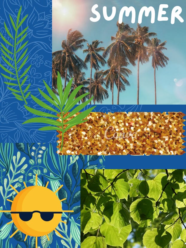Digital mood board for summer with images of a cartoon sun, gold glitter, palm trees, leaves, and other decorative elements.