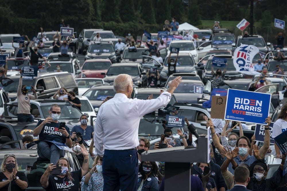 Joe Biden campaigns during a drive-in campaign rally on Oct. 27, 2020 in Atlanta, Georgia.