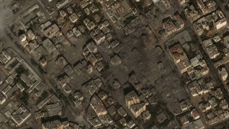 Maxar satellite imagery of the destroyed residential buildings in Gaza City, October 10, 2023.