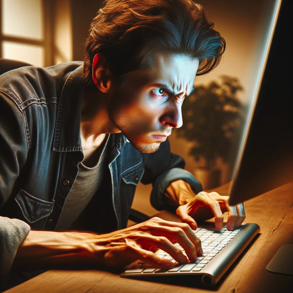 Create an image of a person sitting at a computer, visibly frustrated and angry. Their brow is furrowed, and they are leaning forward in their chair, glaring at the computer screen with an intense expression. The scene is set in a home or office environment, with the person's hands poised above the keyboard as if they are about to type a response or click aggressively. The lighting highlights the tension in the person's face, emphasizing the emotional response to whatever is on the screen. This image captures a moment of digital frustration, a common experience in the modern, connected world.