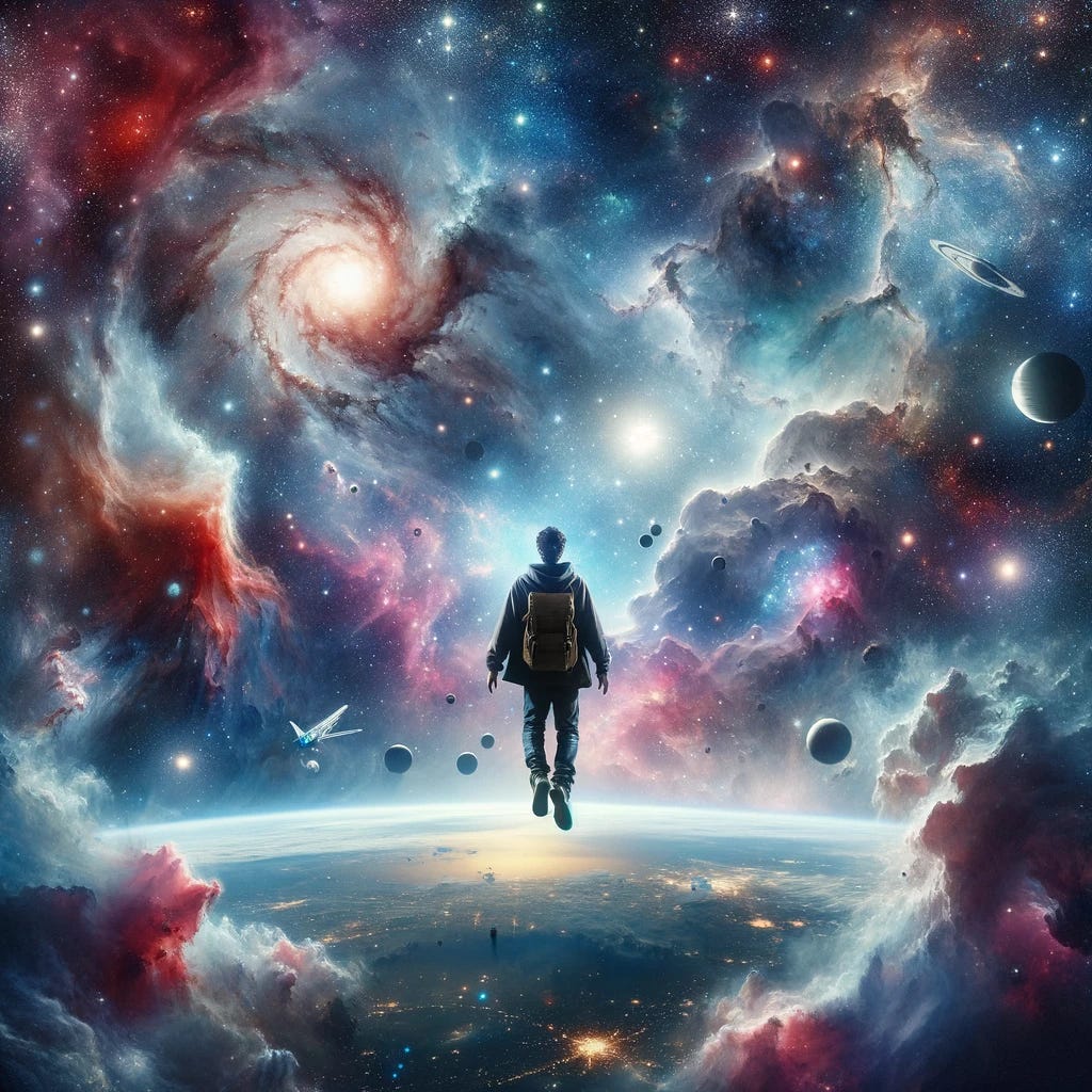 A visually captivating scene of a human being venturing into the great unknown of the universe. The human is wearing casual space-appropriate attire, floating amidst a breathtaking cosmic backdrop filled with colorful nebulas, distant stars, and various celestial bodies. The image conveys a sense of awe and exploration, emphasizing the vastness and beauty of outer space. The human appears small compared to the immense universe around them, highlighting the concept of exploration and discovery in the vast expanse of space.