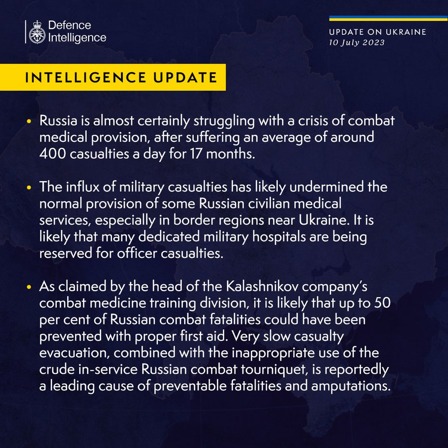 Latest Defence Intelligence update on the situation in Ukraine - 10 July 2023. Please read thread below for full image te3xt.