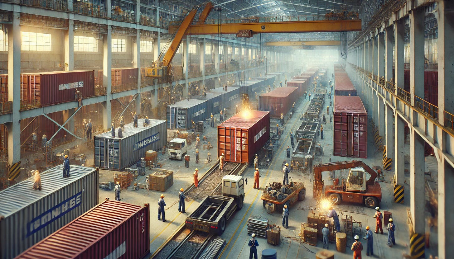 A wide aspect ratio image of a Chinese factory where workers are building shipping containers. The scene should look realistic, with workers wearing uniforms and safety gear, actively engaged in welding, assembling, and painting containers. The factory floor should be busy, with machinery, tools, and partially constructed containers visible. The overall atmosphere should convey industriousness and scale, highlighting the process of container manufacturing.