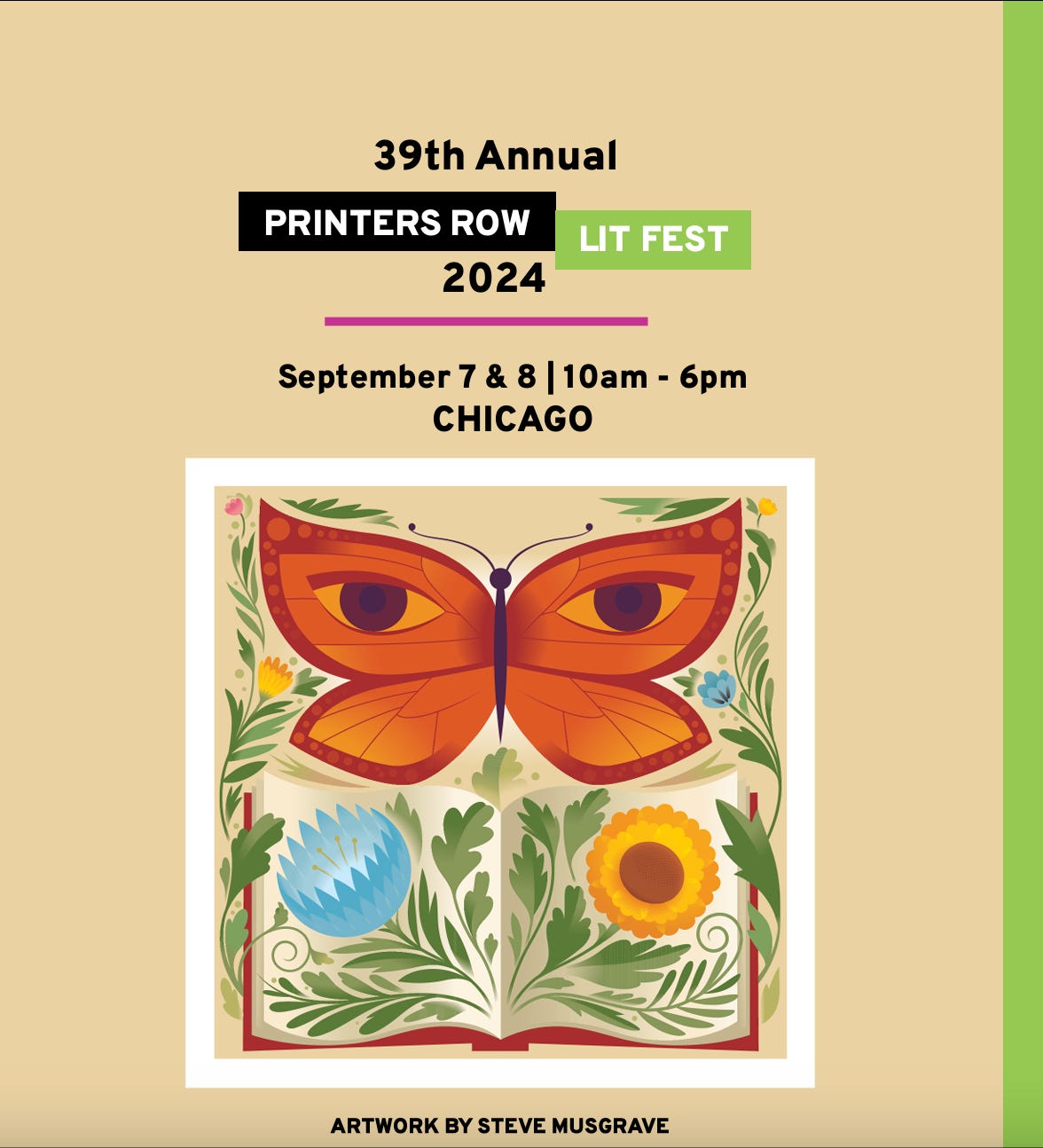 Artwork of an orange butterfly with large eyes on its wings, surrounded by leaves and flowers. This is part of a promotional flyer for the 39th annual Printers Row Lit Fest in Chicago.