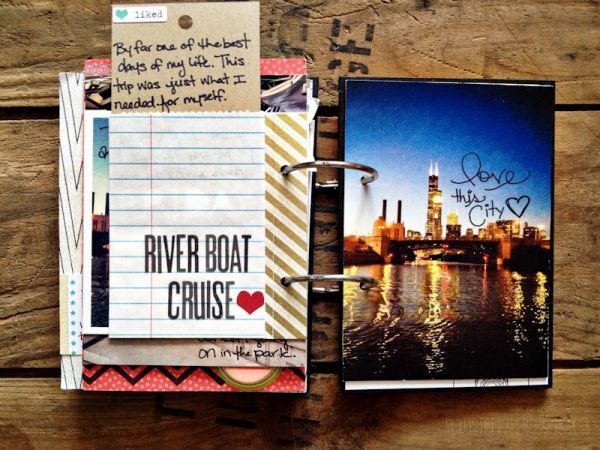 I added a small bag with a journaling tag to write about the river boat cruise experience and then ended the book with a lovely picture of Chicago at night from the water. 