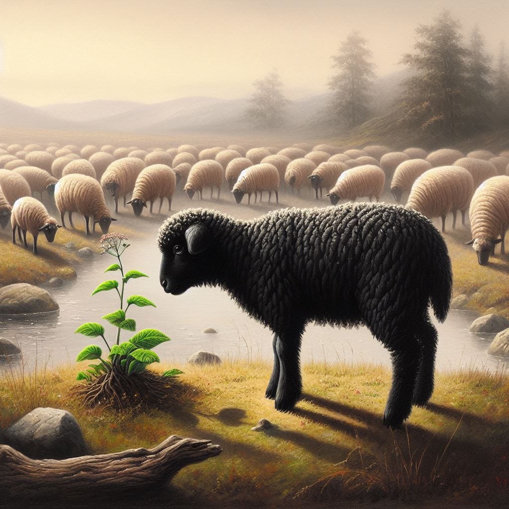 A black sheep with black wool, alone, admiring a a small plant soaking up the sun. A herd of white sheep are far off in the distance. Painting.