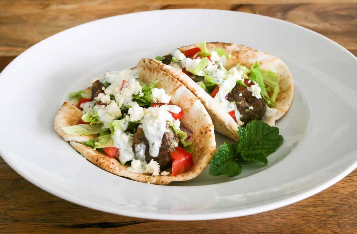 Greek meatball pitas with feta & tzatziki