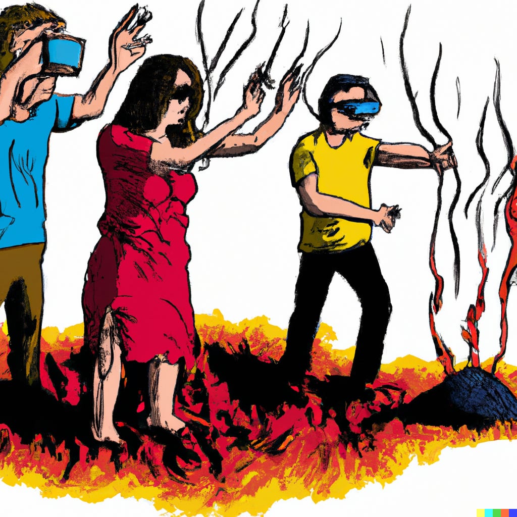 AI image generated by the prompt "cartoon of three people wearing virtual reality goggles, all looking at a small shrub on fire"