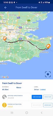 Map showing the route taken to Dover, date, time