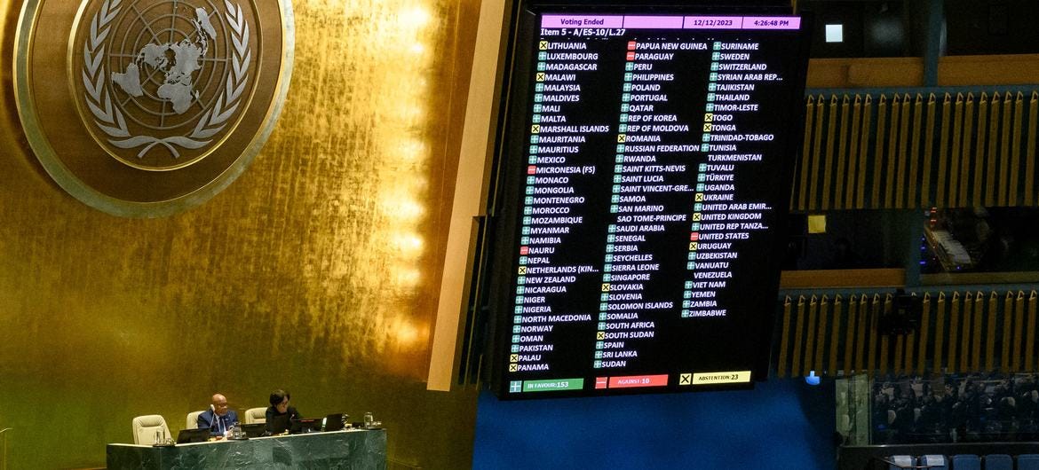 UN General Assembly adopts a resolution on “Protection of civilians and upholding legal and humanitarian obligations” during the 45th plenary meeting of the resumed 10th Emergency Special Session.