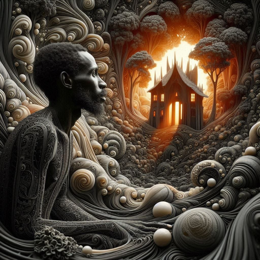 inside piercing air among trees; tiltshift/ 5d angle glass embedded Carla caves / Broken into fragments/ pieces Rwandan man in traditional garb / leaning toward camera/ his house, glowing,  is a large coral plant underwater / olive,ivory, chartrues, lace made of black water in resin/ love. coral orange, pink, cream, olive address/ reverberating waves/ water in resin verdigris/ In the style of Michael Parkes. black etching/ black linework/ 