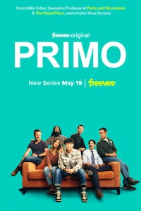 promotional poster for Amazon series Primo showing the cast seated on an orange couch