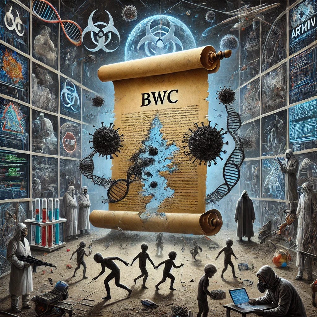 A symbolic digital painting representing the collapse of global biological weapons control. In the center, a fragile, crumbling treaty scroll (labeled 'BWC') tears apart, releasing dark DNA strands that morph into viruses, syringes, and circuit boards. Around it, shadowy figures in lab coats work behind locked glass walls, representing nations hiding bioweapons programs. In the background, AI neural networks and code symbols (like GitHub and arXiv logos) merge with microscopic organisms, hinting at dual-use research. A weary figure in a tattered teacher's uniform watches from the sidelines, powerless, while a chaotic playground full of masked, unmasked, and armed children plays in confusion. Stark contrast between sterile lab tech and messy playground chaos, evoking a sense of warning and loss of control.