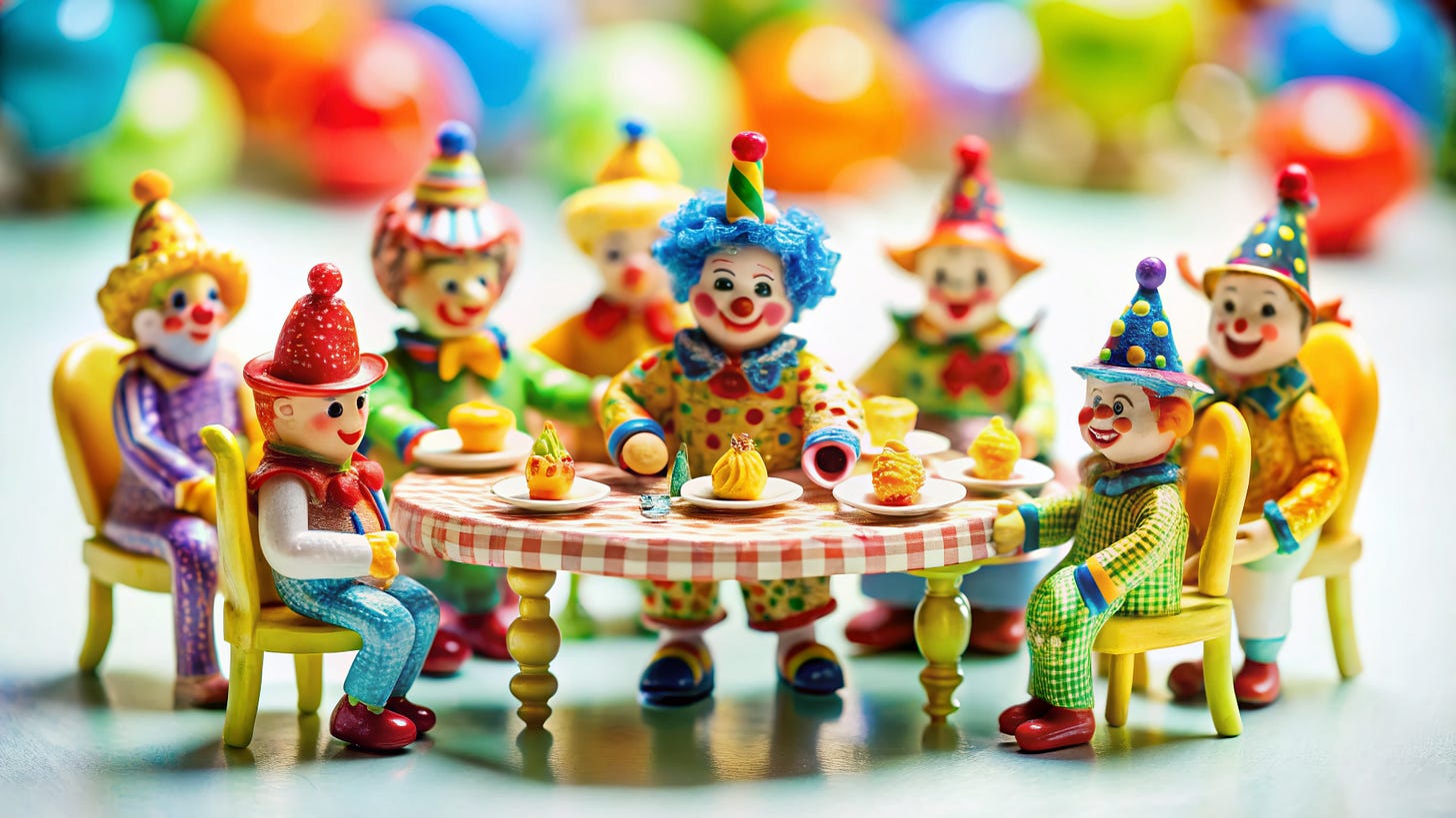 Toy clowns sitting at table