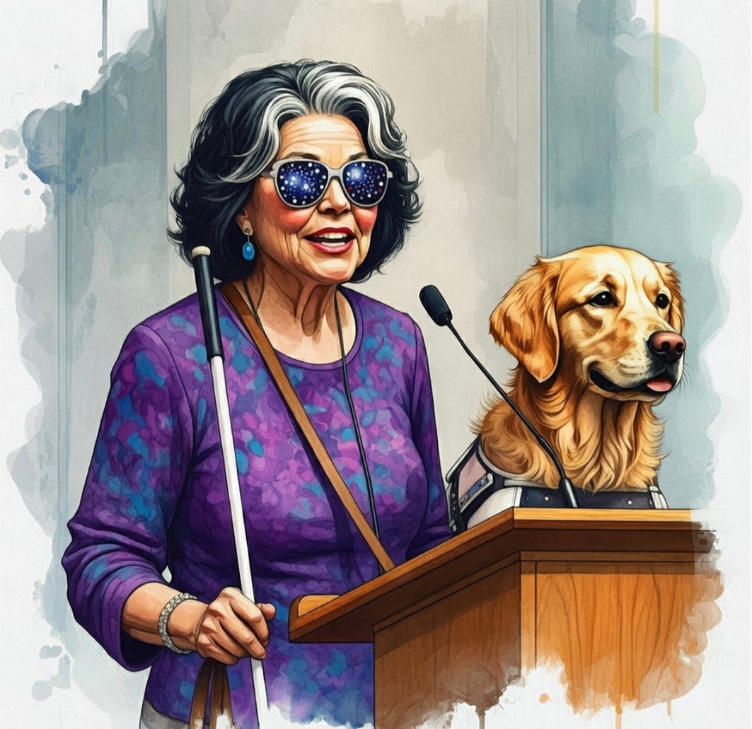 Image of blind woman with white cane and guide dog speaking at a meeting