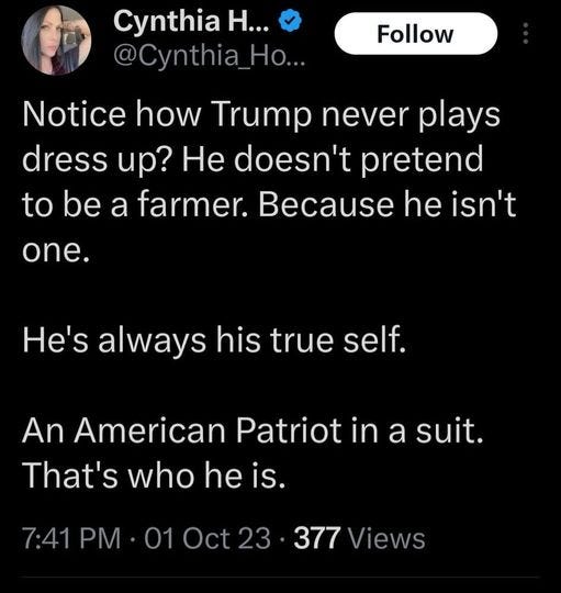 May be an image of 1 person and text that says 'Cynthia H... @Cynthia Ho... Follow Notice how Trump never plays dress up? He doesn't pretend to be a farmer. Because he isn't one. He's always his true self. An American Patriot in a suit. That's who he is. is. 7:41 PM 377 Views'