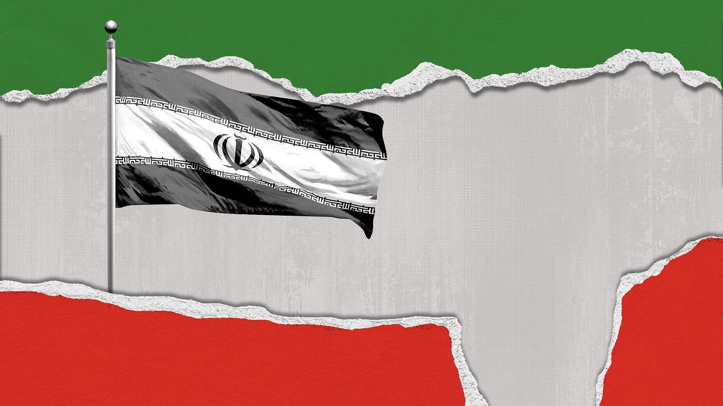 Illustration of the Iranian flag surrounded by torn green and red pieces of paper. 