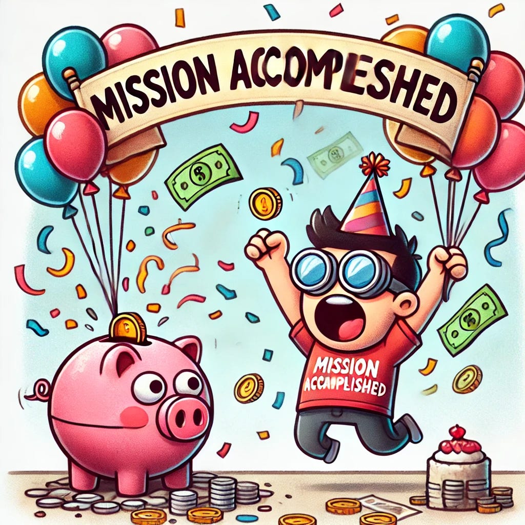 A funny cartoon illustration showing a person celebrating small victories while saving money. The person excitedly deposits a single coin into a piggy bank and throws a full-blown party—balloons, confetti, a 'Mission Accomplished' banner, and even a tiny cake. The piggy bank looks surprised and slightly overwhelmed by the enthusiasm. The scene is exaggerated and humorous, with a joyful and playful atmosphere.
