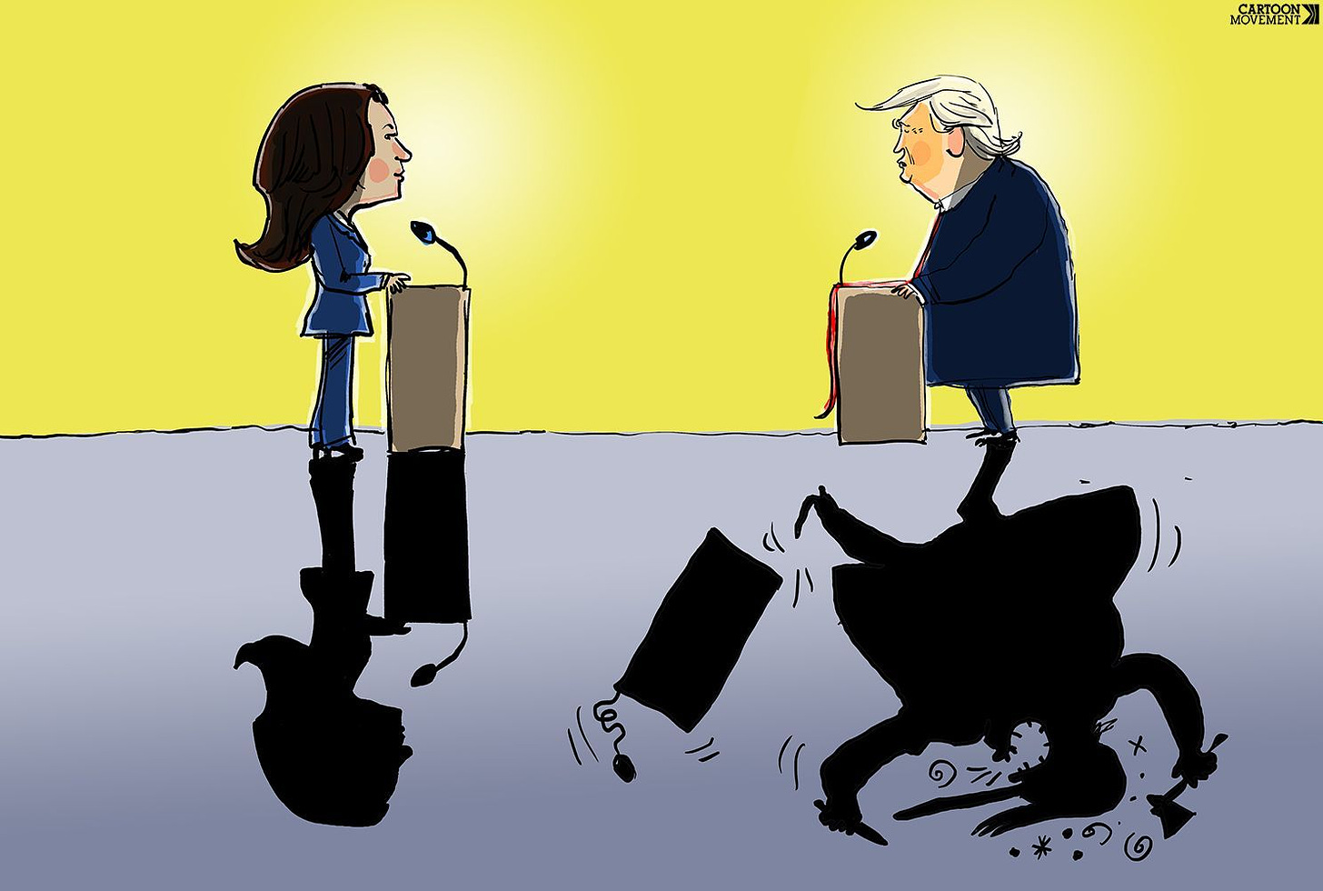 Cartoon showing Harris and Trump facing off in a debate. They are both standing quietly, casting shadows on the ground. The shadow of Harris is also standing quietly, but the shadow of Trump is throwing over his lectern, holding an axe and has a long nose like Pinocchio.