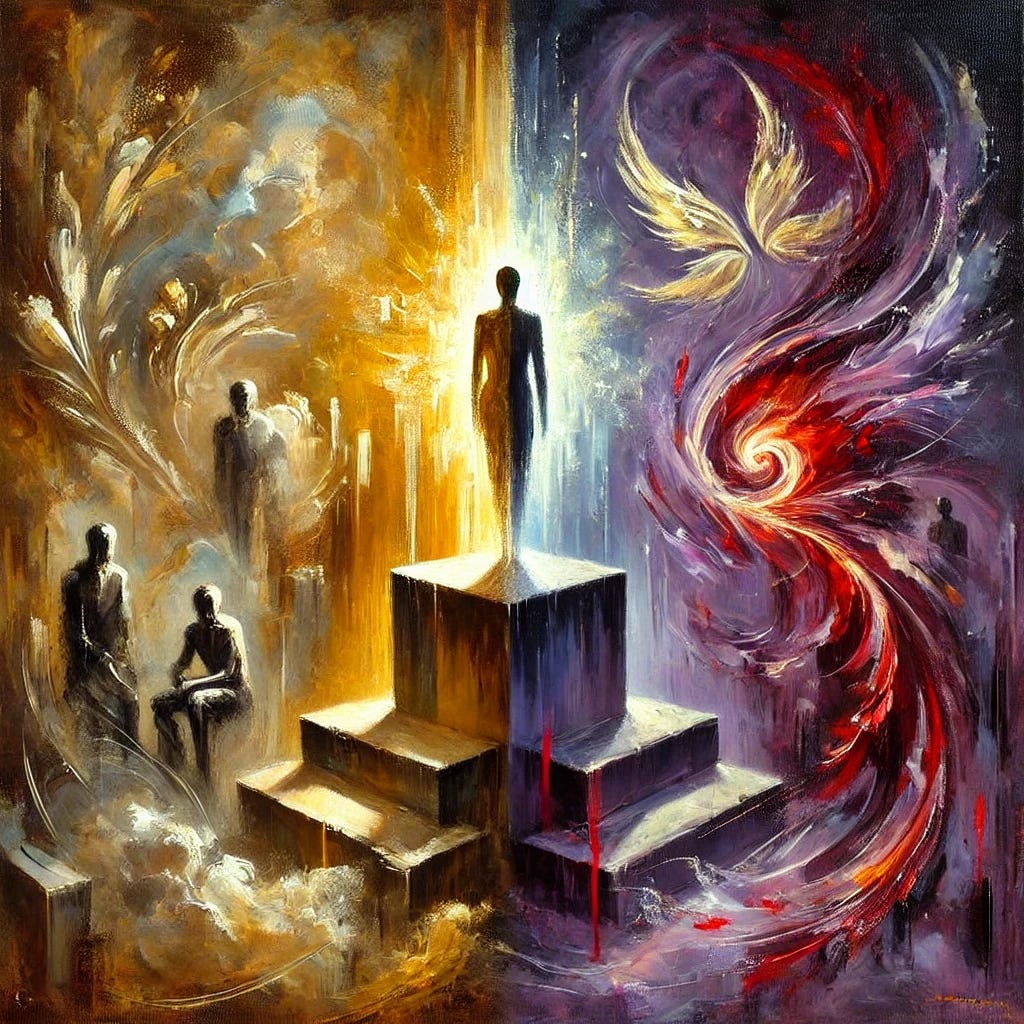 An expressive oil painting with bold, dynamic strokes and vibrant colors, depicting the themes of moral superiority and victimhood alongside the allure and fallacy of outrage. On one side, the painting uses soft, golden tones to represent moral superiority—depicting a figure-like abstract shape on a pedestal, glowing but isolated. Surrounding this figure, darker tones and red splashes symbolize outrage, swirling around in chaotic patterns, but dissipating into nothingness as it moves outward. The other side is cooler, with muted purples and blues to symbolize disillusionment and detachment. The central clash between these elements creates tension, suggesting the harm caused by these forces interacting. No text or human figures present, only abstract representation of these themes.