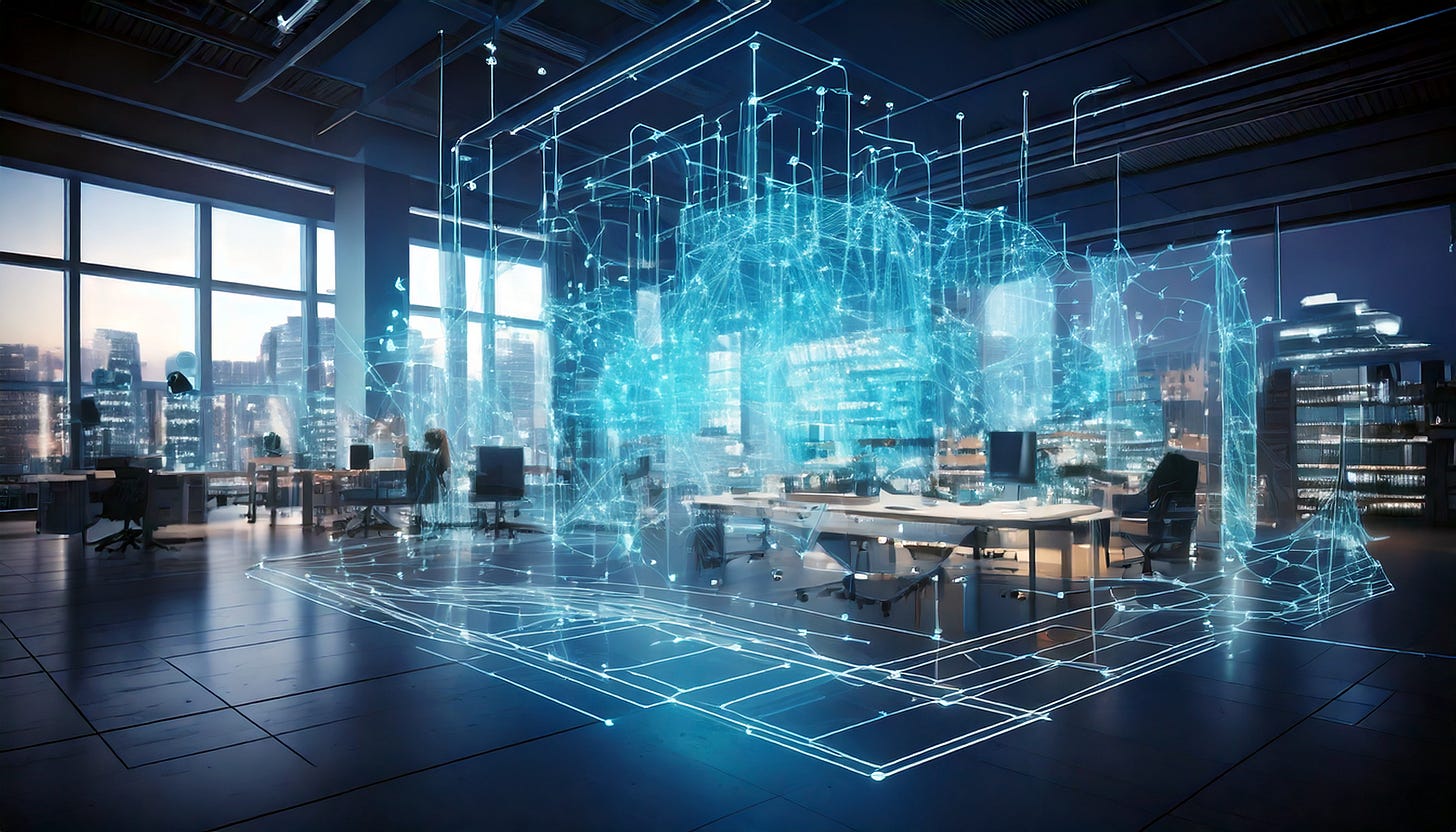 A visual metaphor showing a traditional business environment transitioning into digital structures made of data lines and glowing abstract forms – symbolizing transformation through automation and AI.