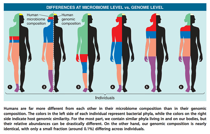 Humans differ from each other far more in terms of microbiome composition than genomic compostion.