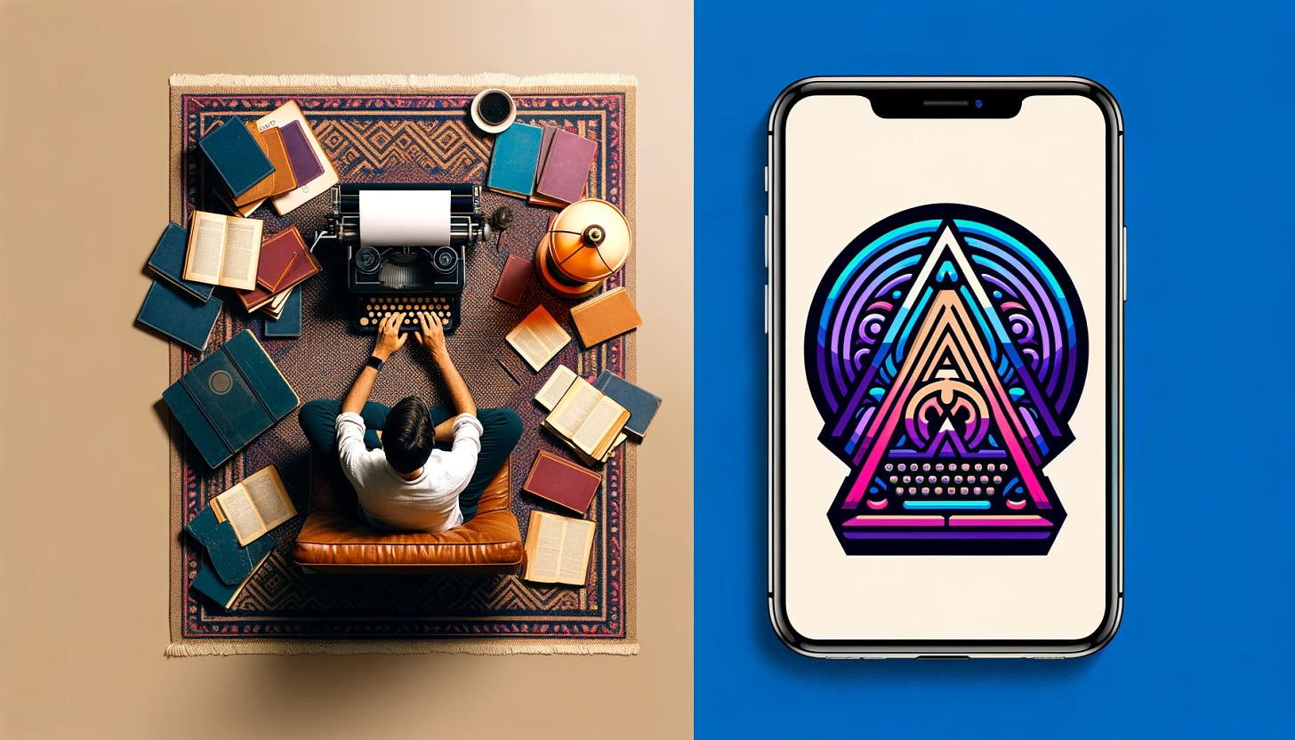 Create an image displaying two distinct sections side by side with a neutral background. On the left side, place the original photo of a person sitting on the floor surrounded by books, a typewriter, and a lamp. On the right side, place the original photo of the 'PAPER ALFA' logo with vibrant blue, purple, and pink colors. The two photos should be clearly separated, representing different guests on a podcast.